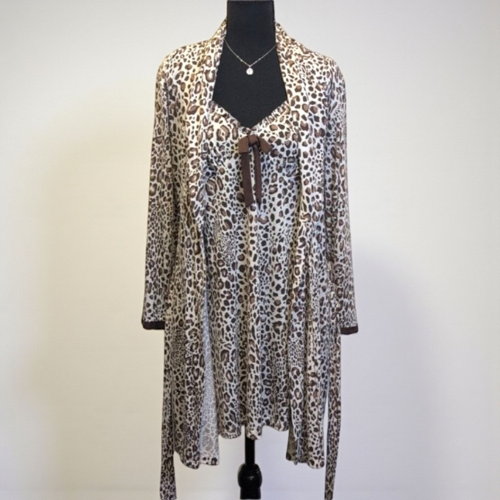 Jones NY Intimates 2 Piece Robe S/M Nightie L Leopard Print Comfy Loungewear NWT